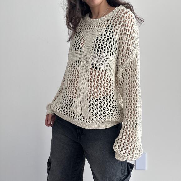Racer Worldwide Cross Net Sweater Womens Medium Beige Cream Crochet Open Knit - Picture 13 of 13